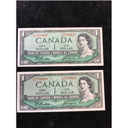 1954 BANK OF CANADA $1 NOTES! 2 IN SEQUENCE!