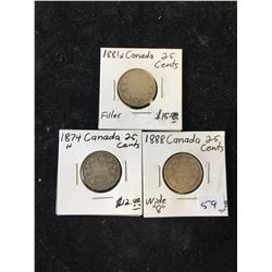 VICTORIA CANADA 25 CENTS LOT! 1874,1881 AND 1888