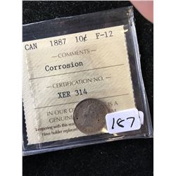 1887 CANADA 10 CENTS! RARE KEY DATE.ICCS GRADED F-12