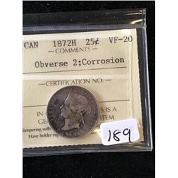 1872H CANADA 25 CENTS! ICCS GRADED VF-20!