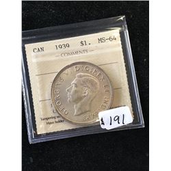 1939 CANADA SILVER DOLLAR! ICCS GRADED MS-64!