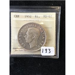 1952 CANADA SILVER DOLLAR! ICCS GRADED MS-62!