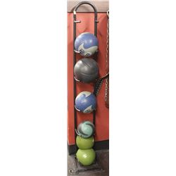 LOT OF 6 MEDICINE BALLS - RACK INCLUDED