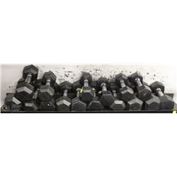 LOT OF 16 DUMBBELLS RANGING FROM 8LBS TO 15LBS