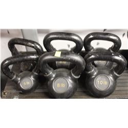 LOT OF KETTLEBELLS, TWO 5LB, TWO 8LB & TWO 10LB