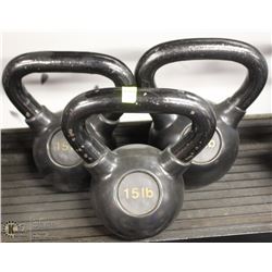 LOT OF 3 KETTLEBELLS, TWO 15LB & ONE 20LB
