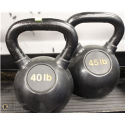 LOT OF 2 KETTLEBELLS, ONE 40LB & ONE 45LB