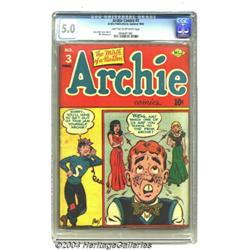 Archie #3 (Archie, 1943) CGC VG/FN 5.0 Light tan to off-white pages.