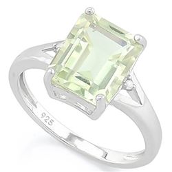 RING - 2 1/2 CARAT GREEN AMETHYST & DIAMOND IN 925 STERLING SILVER SETTING - SZ 8 - RETAIL ESTIMATE 
