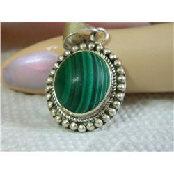 PENDANT - GREEN MALACHITE CABACHON GEMSTONE IN STERLING SILVER VICTORIAN DESIGNED SETTING - 1" TALL 