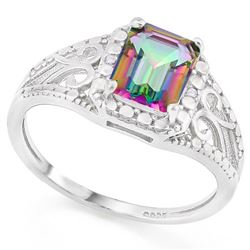 *RING - 1 1/3 CARAT MYSTIC GEMSTONE & GENUINE DIAMONDS IN 925 STERLING SILVER FILIGREE DESIGNED SETT