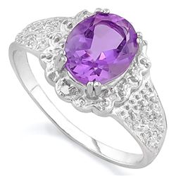 *RING - 1 2/3 CARAT AMETHYST & 2 GENUINE DIAMONDS IN 925 STERLING SILVER SETTING - SZ 7 - INCLUDES C