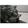 Image 2 : Hand carved and artist marked Jade bear with fish on jade stone base, marked PP696