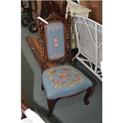 Antique rosewood framed needlepoint upholstered side chair with barley twist support, picture framed