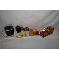 Selection of tobacco collectibles including two glazed stoneware humidors, vintage Zig-Zag paper hol