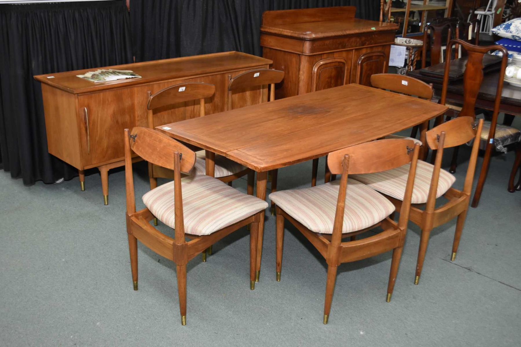 Mid Century Modern Teak Dining Set Including Drop Leaf Table Six Chairs With Upholstered Seats And