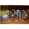 Image 2 : Shelf lot of collectibles including vintage beer steins, mugs, German pottery etc.