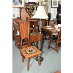 Small tile top tudor style side table and a modern metal floor lamp