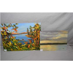 Two unframed oil on board painting including titled  Evening Sky  9  X 12  and untiled lake in fall 