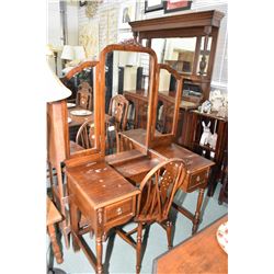 Swing mirror vanity, windsor style chair and a Mission style three tier stand