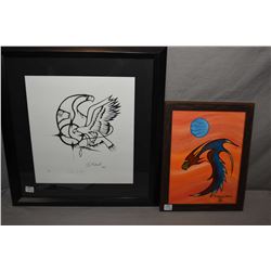 Framed original ink drawing of a stylized feather signed by artist Keith Gambler 2007, 13" X 11", a 