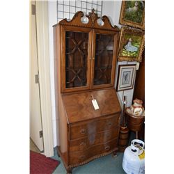 Mid 20th century walnut drop front secretaire with glazed book section, fitted interior, serpentine 