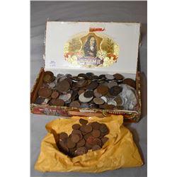 Large selection of mostly foreign coins in cigar box