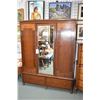 Image 1 : Antique quarter cut oak single door wardrobe with inlaid foliage motif panels, large bevelled mirror