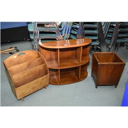 Vintage walnut office garbage can, small flat to the wall shelf and a vintage magazine holder