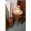 Image 1 : Vintage barrel style wooden butter churn, wooden bucket plant stand and a washbowl and jug