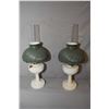 Image 1 : Pair of Aladdin Lincoln drape oil lamps with chimneys and cased green shades, note crack to one chim