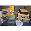 Image 1 : Selection of vintage collectibles including three piece luggage set, vintage boxed GE hair drier, el