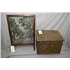 Image 1 : Brass covered wooden coal box and a wood and glass fire screen with needle work nature scene