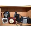 Image 2 : Shelf lot of collectibles including vintage cameras, radios, clocks and wall phone etc.