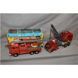 Two vintage German Gama brand tin toys including truck mounted excavator/ crane and Friction Fire en