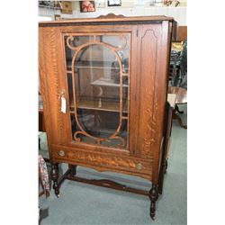 Refractory style antique quarter cut oak single drawer, single door china cabinet