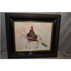 Framed watercolour painting of a Southwestern lady on horse signed by artist Madden (?) 16  X 20 