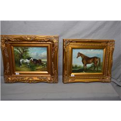 Two gilt framed horse paintings including acrylic on board stallion and a acryclic on board pair of 