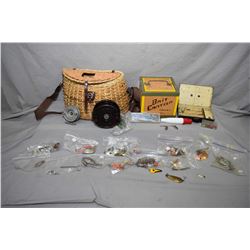 Selection of fish collectibles including fish basket, bait box and two reels, small fly kit plus ass