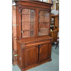 Antique mahogany breakfront with two glazed door upper, and two doors and single drawers in base, mi