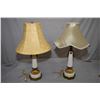 Image 1 : Pair of 27" table lamps with crackle ceramic and brass bases with mismatched shades