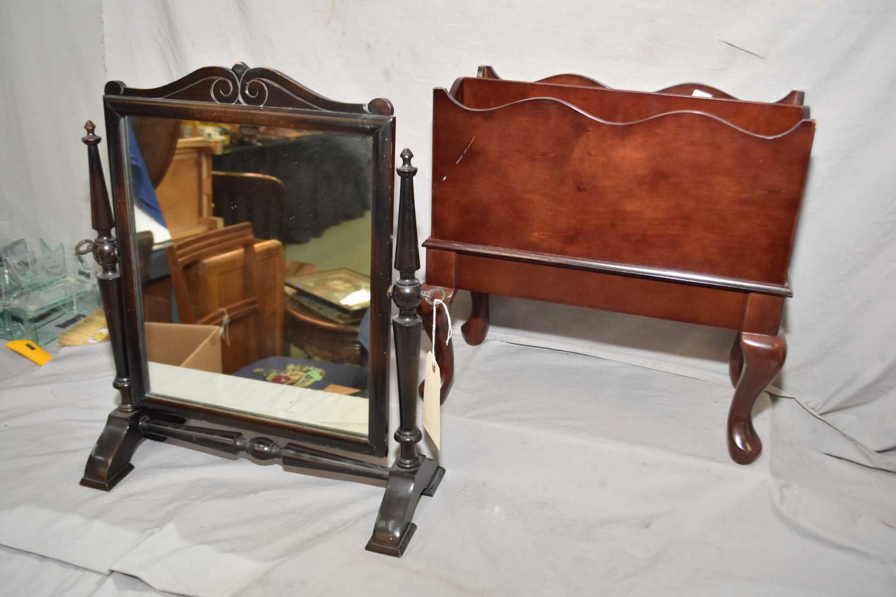 Vintage Dresser Top Vanity Mirror And A Modern Magazine Holder