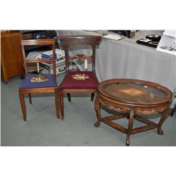 Two vintage needlepoint upholstered side chairs and a matched grain coffee table with removable drin