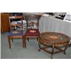 Image 1 : Two vintage needlepoint upholstered side chairs and a matched grain coffee table with removable drin