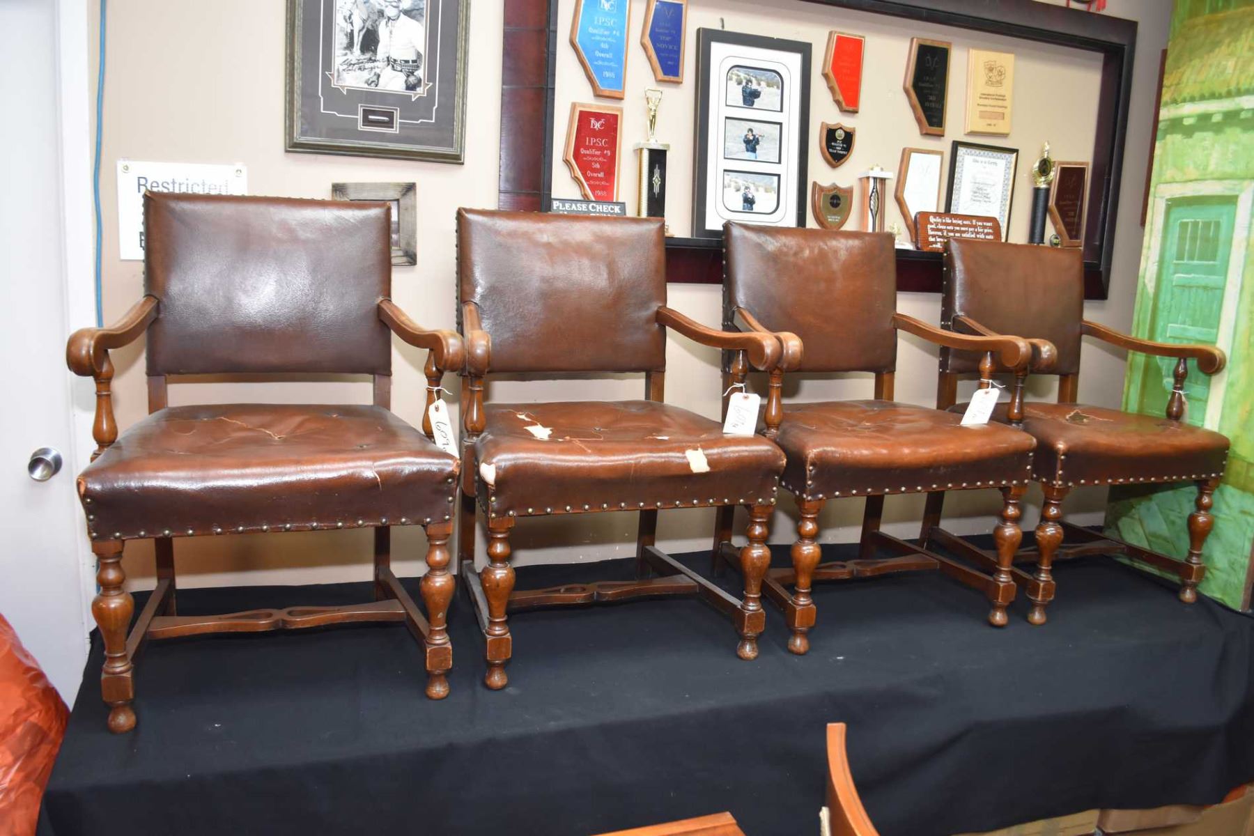 Four Tudor Style Vintage Leather Upholstered Arms Chairs With Nail
