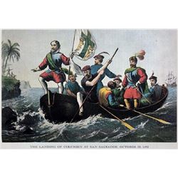 After Nathaniel Currier, Fine Art Modern Lithograph, The Landing Of Columbus At San Salvador -1492