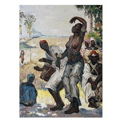 20thc Impressionism, African Dance Oil Painting