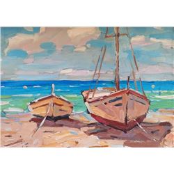 Yacht seascape realism original oil painting colorful art summer barcas seaside