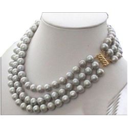 Triple Strands Aaa 9-10mm Natural South Sea Gray Pearl Necklace 18â€ 14k Gold