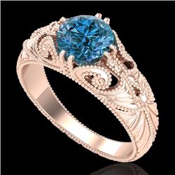 1 CTW Intense Blue Diamond Solitaire Engagement Art Deco Ring 18K Rose Gold - REF-190F9N - 37531